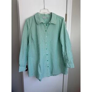 Joan Rivers Green White Striped Seersucker Button Down Shirt Womens 3X Bee Logo